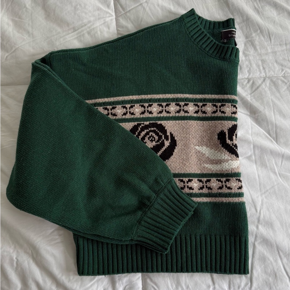 Blue Blush Forest Green Patterned Cropped Sweater